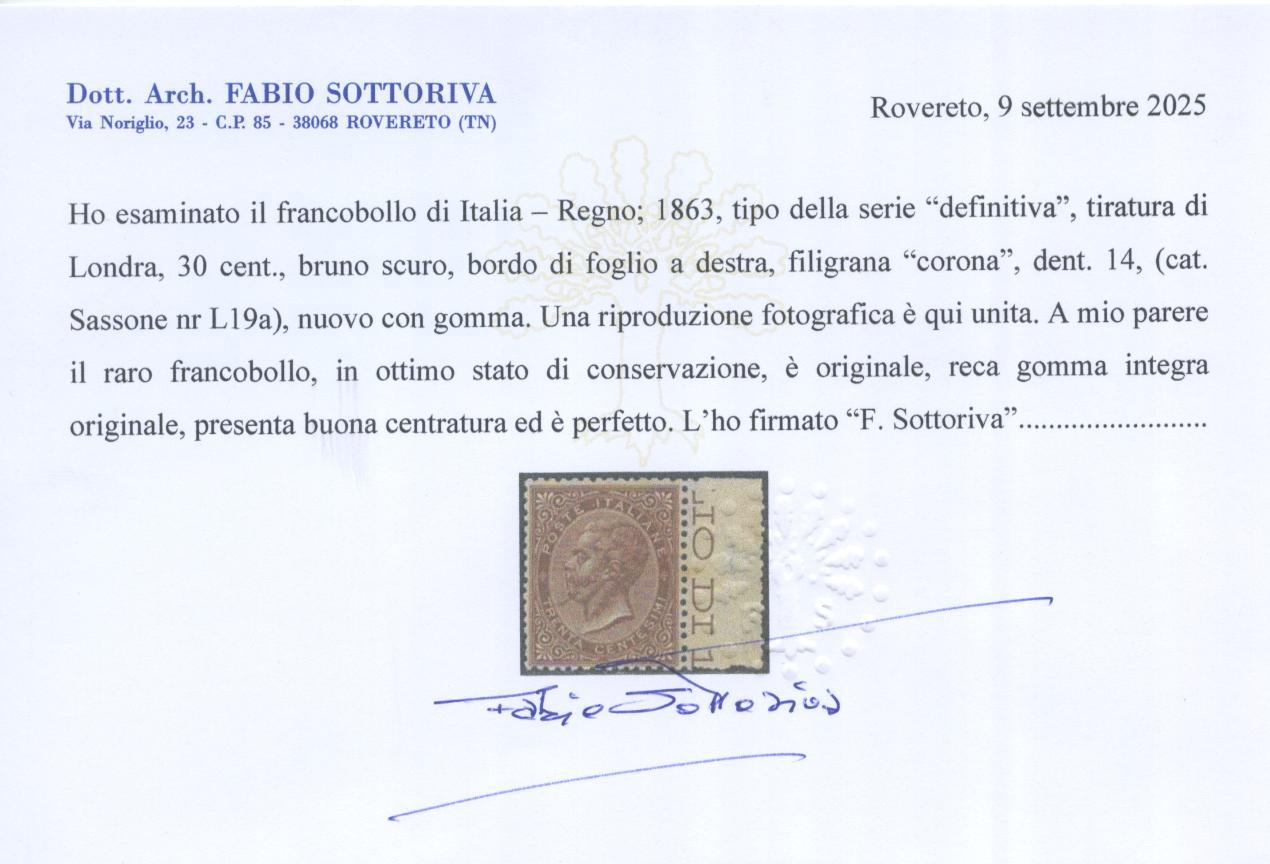 Regno d'Italia Vittorio Emanuele II 1863 30C. LONDRA 2 ** CENTRATO CERTIFICATO