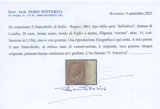 Regno d'Italia Vittorio Emanuele II 1863 30C. LONDRA 2 ** CENTRATO CERTIFICATO