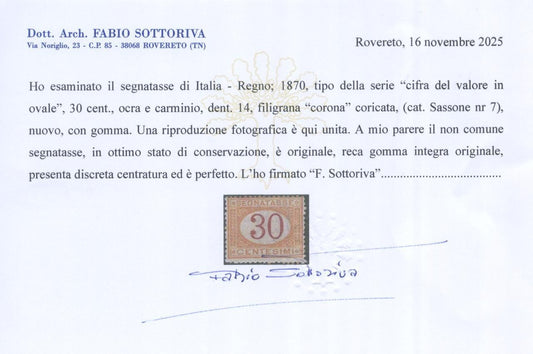 REGNO 1870 SEGNATASSE C.30 N.7 Ocra e Carminio ** CERT.1