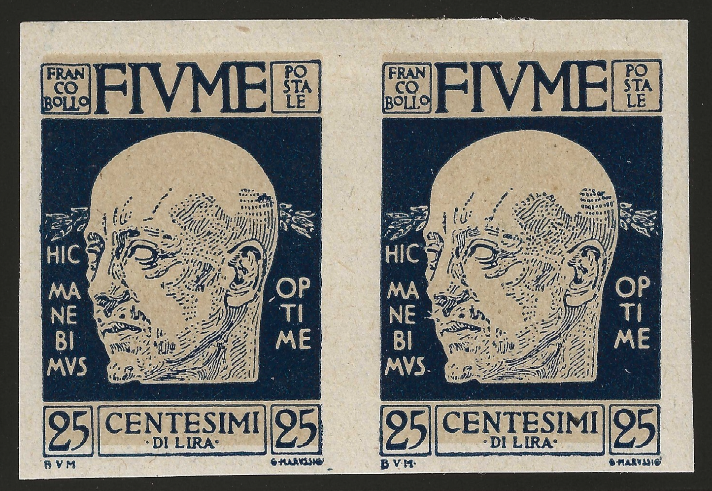 1920 Fiume - D'Annunzio 25 c. coppia non dentellata MH*