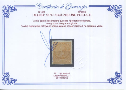 REGNO D'ITALIA 1874 10c RICOGNIZIONE POSTALE ** CENTRATO CERTIFICATO MANCINI1