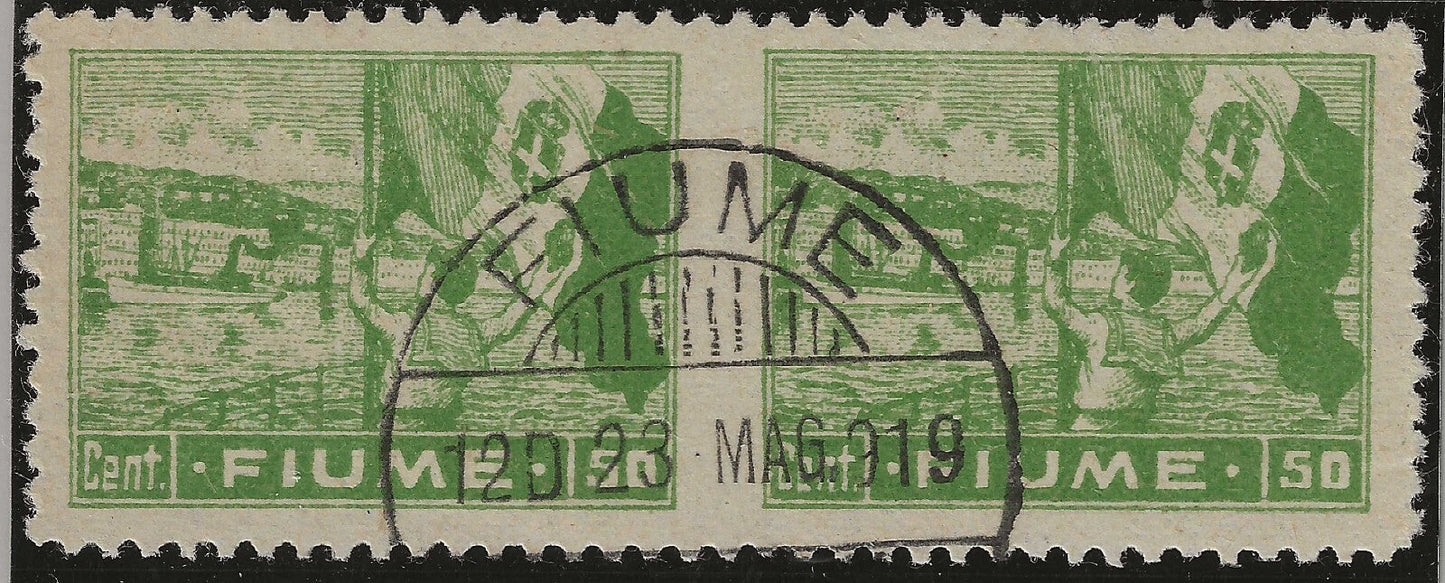 1919 Fiume - 50 c. serie Vedute carta C coppia orizzontale non dent. in mezzo