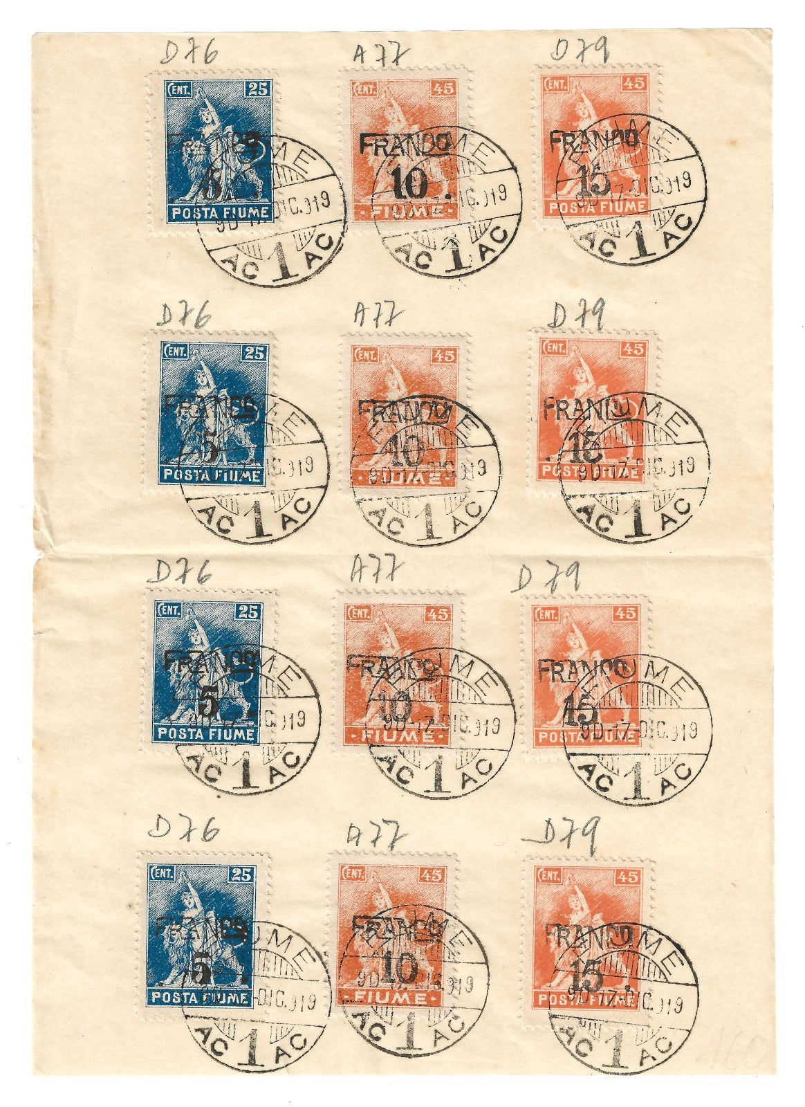 1919 Fiume - Foglio filatelico con valori Allegorie carta A e carta D