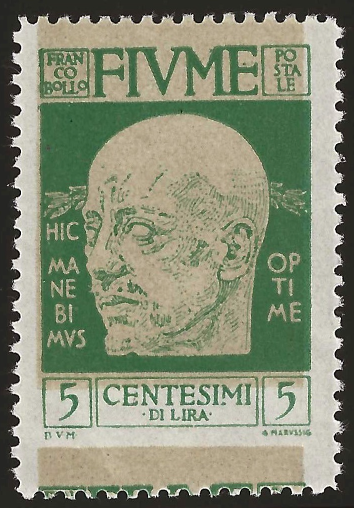1920 Fiume - D'Annunzio 5 c. tinta del fondo e dentellatura spostate MH*