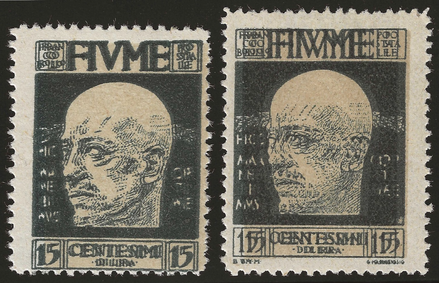 1920 Fiume - D'Annunzio 15 c. due esemplari con doppia stampa MH*