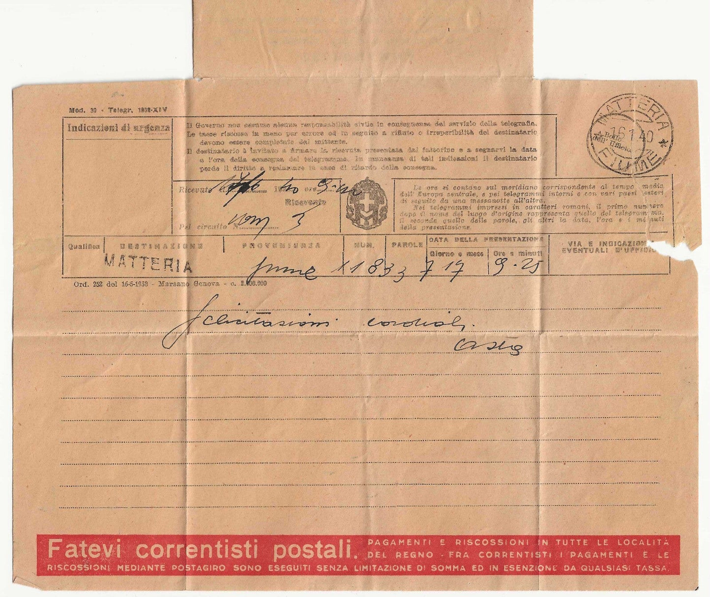 Fiume - Telegramma MATTERIA FIUME 16.1.1940 per città