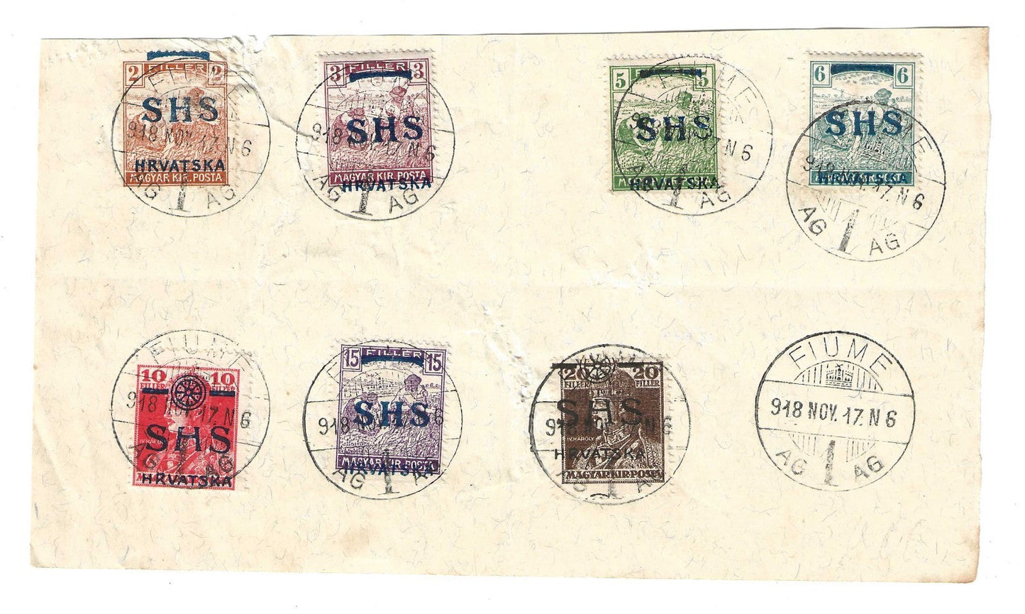 1918 Fiume - Foglio filatelico con valori d'Ungheria in filler SHS Hrvatska