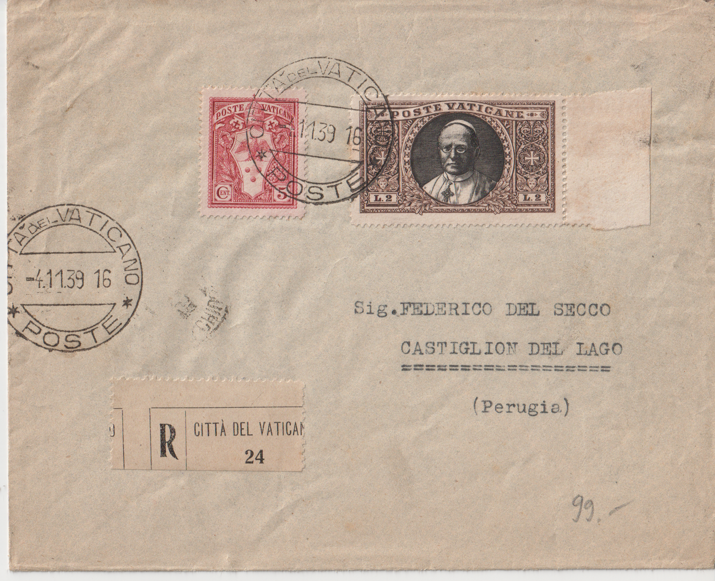 Vatican stamped envelope with 2 lire gardens and medallions