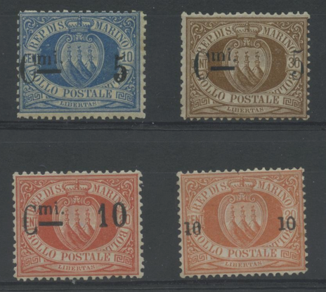 San Marino 1892 stemma in cornice ovale sovrastampati CERTIFICATI MNH