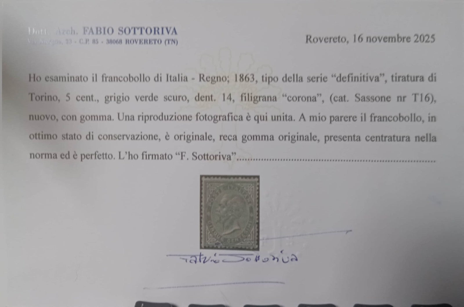 REGNO D'ITALIA 1863 5 CENT TORINO T16 GRIGIO VERDE SCURO ** CENTRATO CERT.1
