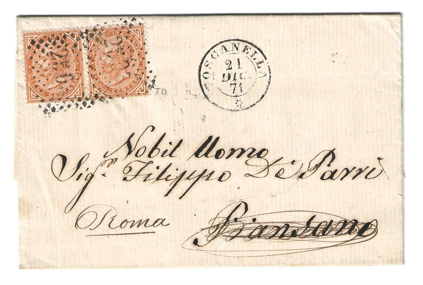 1871 Regno d'Italia - Coppia 10 c. De La Rue Londra con numerale 2503 Toscanella