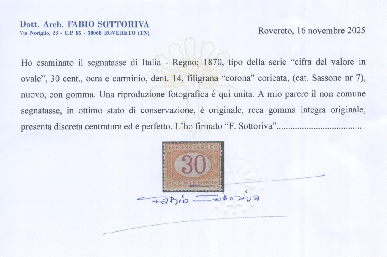 REGNO 1870 SEGNATASSE C.30 N.7 Ocra e Carminio **  CERT.1