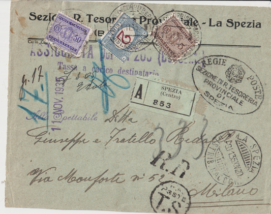 Rrgno d'Italia  1936 XIV E.F.frammento con segnatasse 2 lire + 5 cent  + 50 cent0