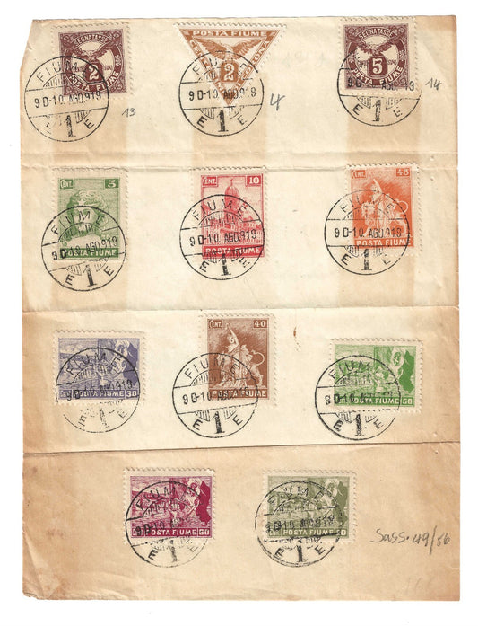1919 Fiume - Serie completa Posta Fiume Vedute e Allegorie su foglio filatelico