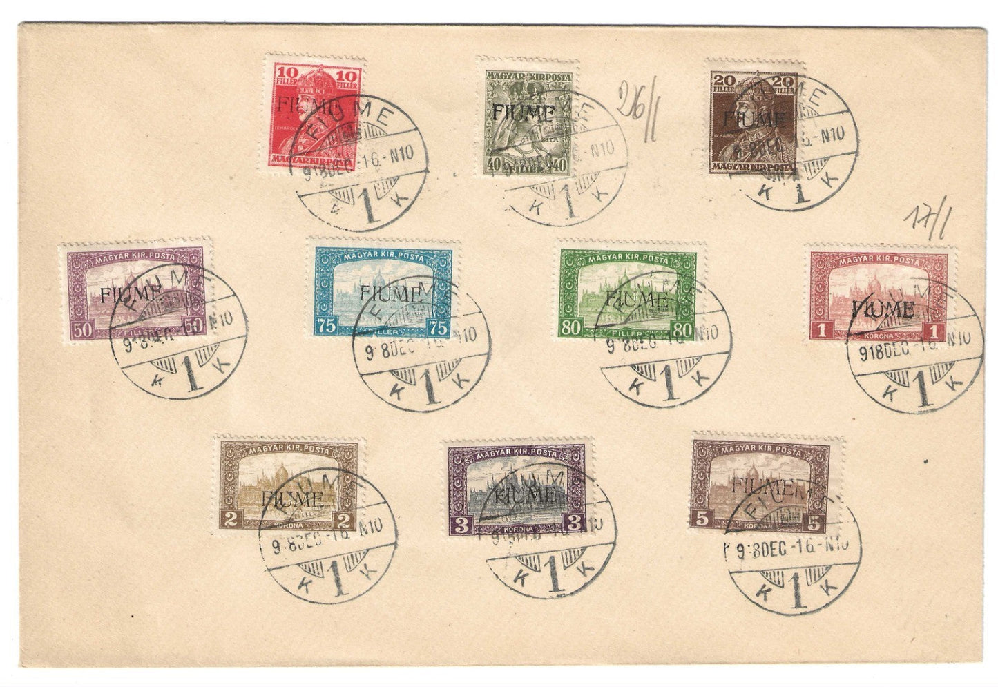 1918 Fiume - Busta filatelica con valori serie Vedute, Carlo e Zita d'Ungheria