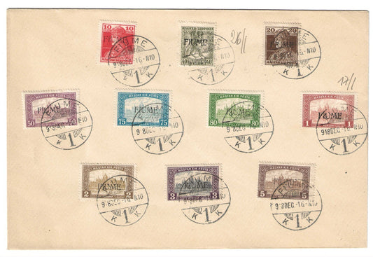 1918 Fiume - Busta filatelica con valori serie Vedute, Carlo e Zita d'Ungheria