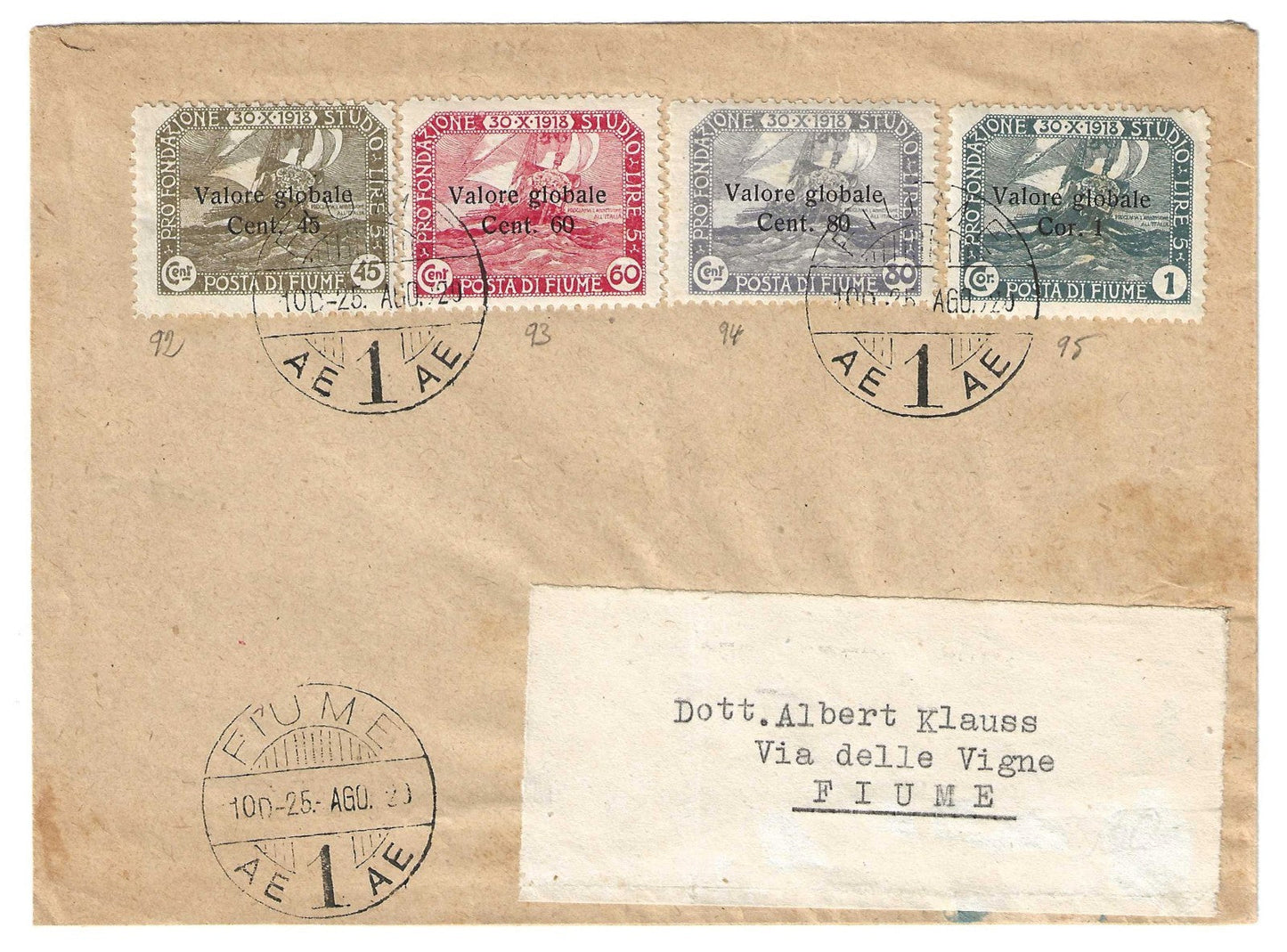 1920 Fiume - Lettera con Fondazione Studio Valore Globale 45, 60, 80 e 1 C.