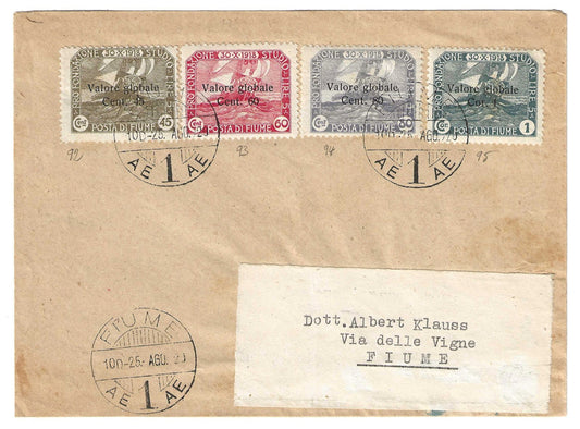 1920 Fiume - Lettera con Fondazione Studio Valore Globale 45, 60, 80 e 1 C.