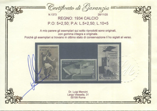 REGNO D'Italia 1934 CALCIO 9 Valori perfetti CERTIFICATI1