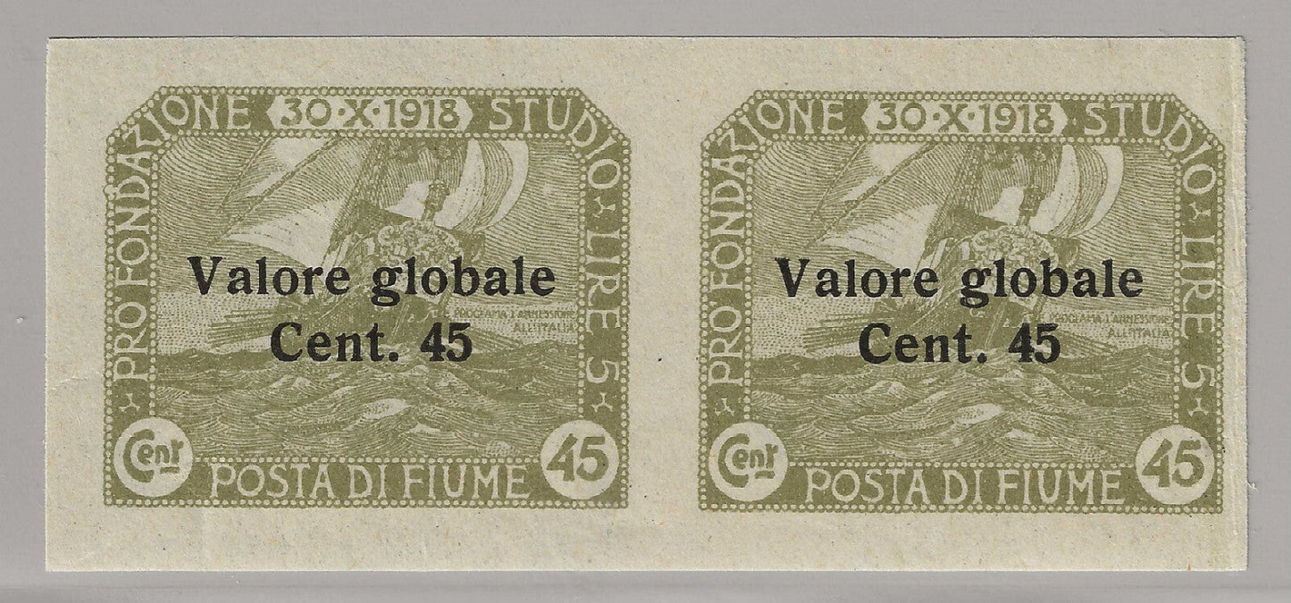 1920 Fiume - 45 c. Valore Globale coppia orizzontale non dentellata MH*