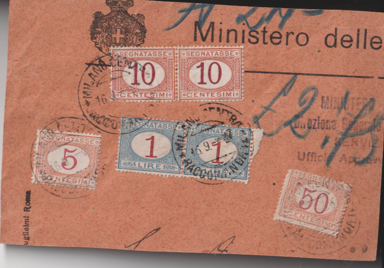 Regno d'italia busta affrancata con 2 segnatasse 1 lira + 2 10c + 1 5c + 1 50c0