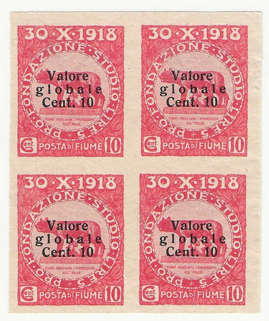 1920 Fiume - Quartina 10 c. Valore Globale non dentellata senza gomma