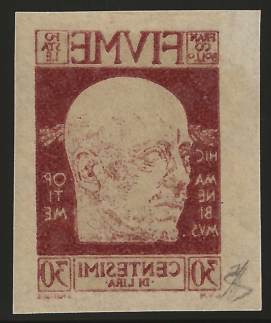 1920 Fiume - D'Annunzio 30 c. non dentellato con decalco MNH**