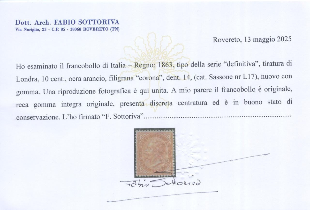 REGNO 1863-65 10 CENTESIMI TIR. LONDRA DE LA RUE N.L17 MNH** CERTIFICATO1