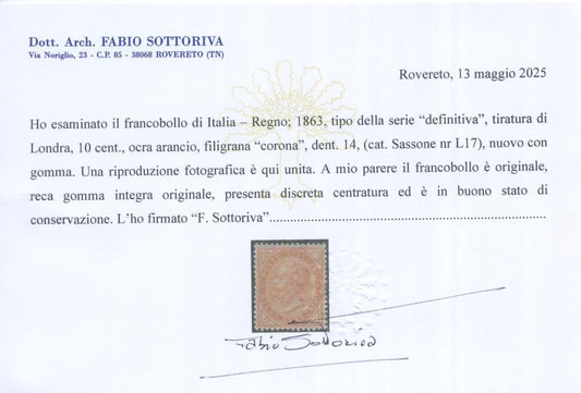 REGNO 1863-65 10 CENTESIMI TIR. LONDRA DE LA RUE N.L17 MNH** CERTIFICATO1