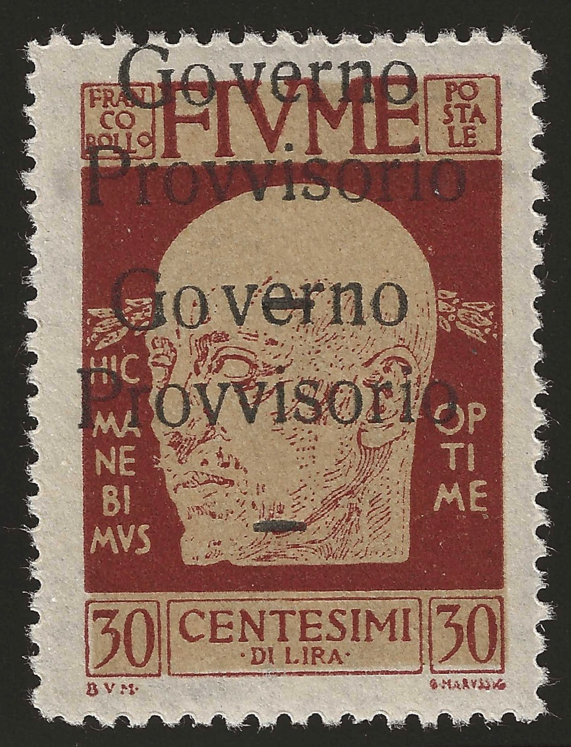 1920 Fiume - D'Annunzio 30 c. Governo Provvisorio doppia soprastampa MNH**