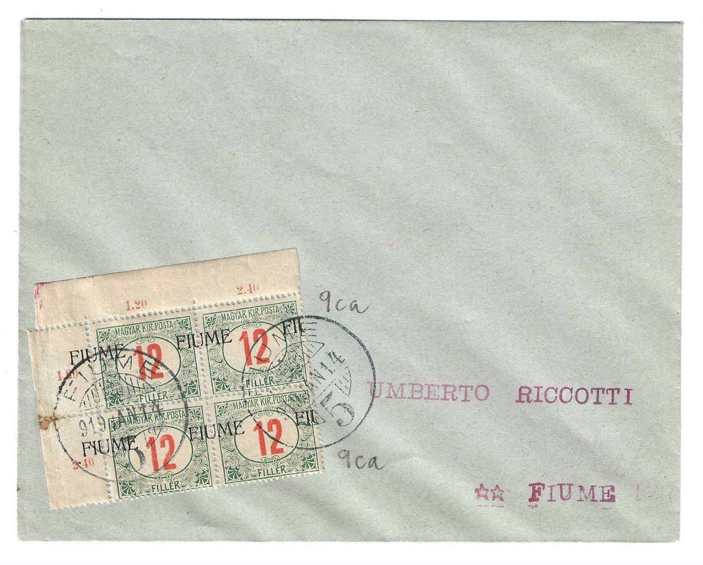1919 Fiume - Busta affrancata con quartina Segnatasse soprastampa spostata