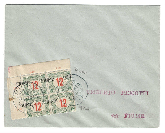 1919 Fiume - Busta affrancata con quartina Segnatasse soprastampa spostata