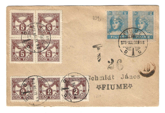 1920 Fiume - Lettera con coppia 2 c. Allegorie carta B e 5 c. Segnatasse