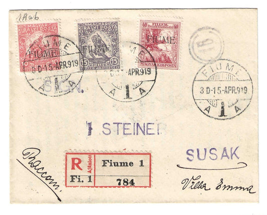 1919 Fiume - Raccomandata per Susak con raro 10 + 2 f. vermiglio