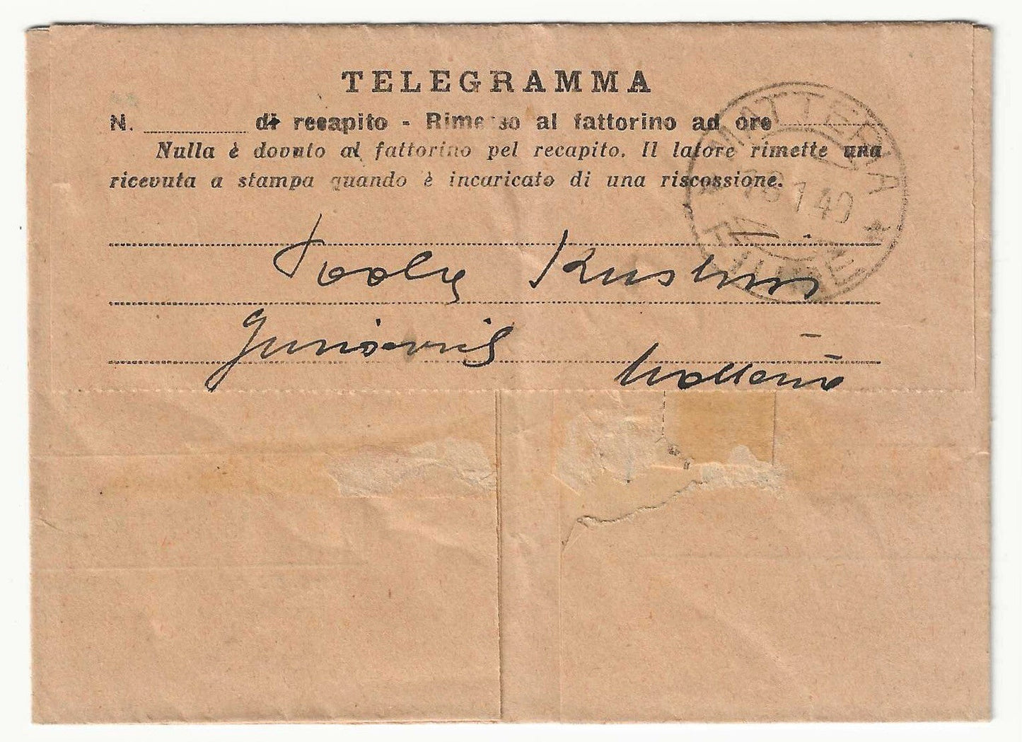 Fiume - Telegramma MATTERIA FIUME 16.1.1940 per città