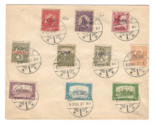 1918 Fiume - Busta filatelica con valori serie Beneficienza Mietitori e Vedute