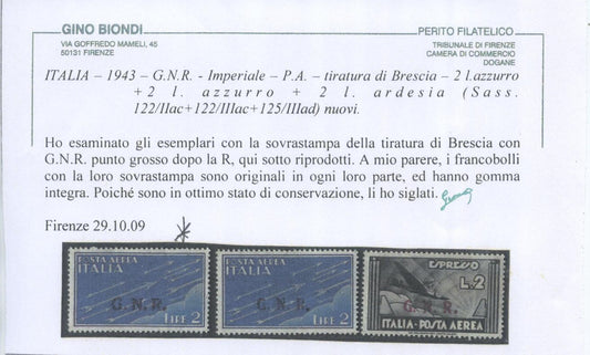 R.S.I. 1944 - POSTA AEREA SOPRASTAMPA G.N.R. L. 2 NUOVO C/CERTIFICATO BIONDI MNH1