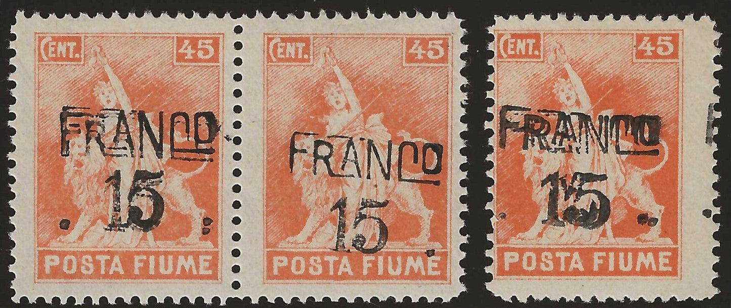 1919-20 Fiume - Posta Fiume 15 su 45 c. doppia soprastampa coppia e singolo MH*