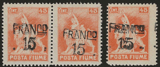 1919-20 Fiume - Posta Fiume 15 su 45 c. doppia soprastampa coppia e singolo MH*