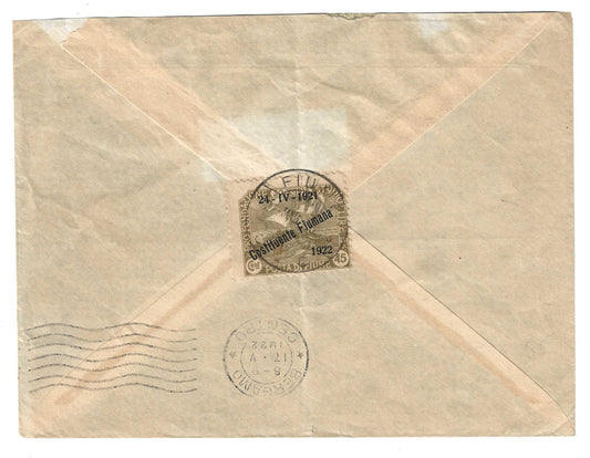 1922 Fiume - Busta con 45 c. Fondazione Studio 24-IV-1921 Costituente Fiumana