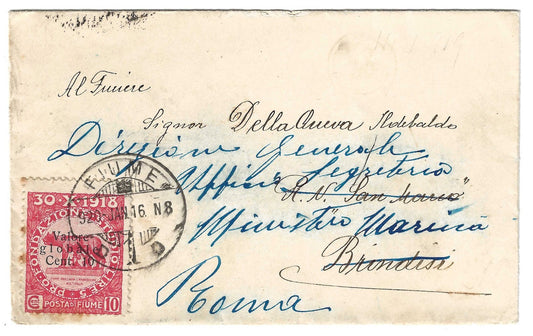1919 Fiume - Busta per Ministero Marina a Roma con 10 su 10 c. Valore Globale