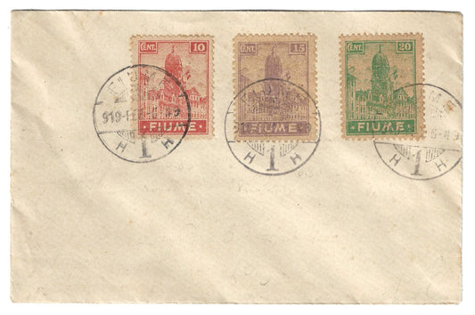 1919 Fiume - Busta con valori Vedute 10, 15 e 20 c. carta A