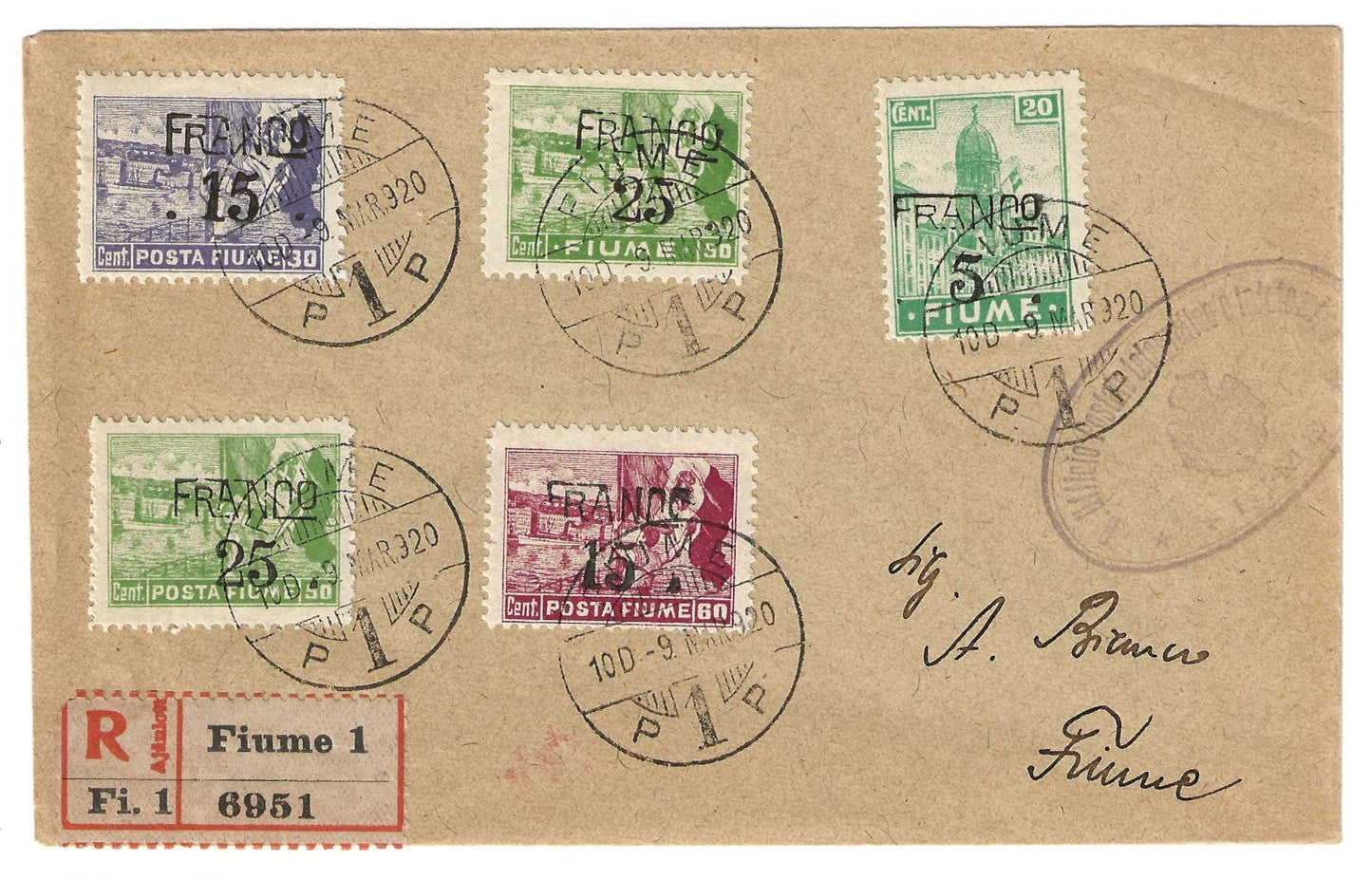 1920 Fiume - Raccomandata per città con vari valori Allegorie carta C
