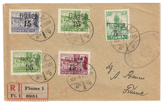 1920 Fiume - Raccomandata per città con vari valori Allegorie carta C