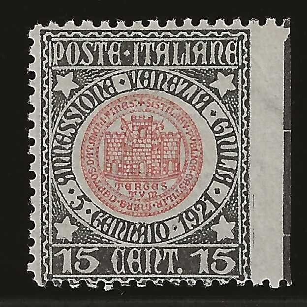 1921 Regno d'Italia - 15 c. Annessione Venezia Giulia non dentellato a dx MH*