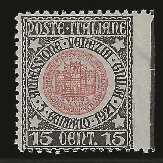 1921 Regno d'Italia - 15 c. Annessione Venezia Giulia non dentellato a dx MH*