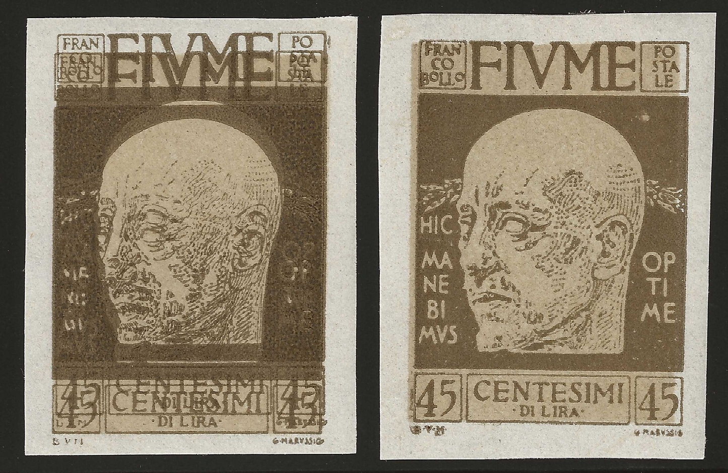 1920 Fiume - D'Annunzio 45 c. non dentellato di cui uno anche doppia stampa MH*