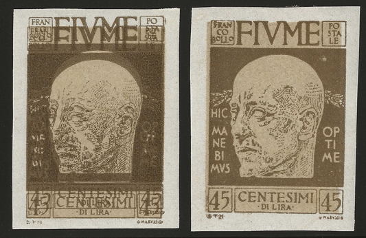 1920 Fiume - D'Annunzio 45 c. non dentellato di cui uno anche doppia stampa MH*
