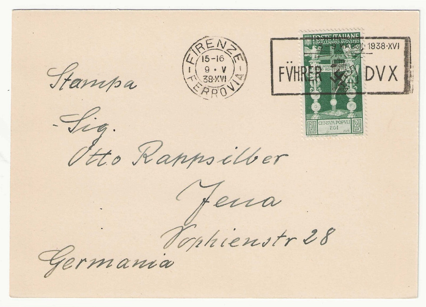 1937 Regno d'Italia - 25 cent. Augusto isolato su cartolina per la Germania