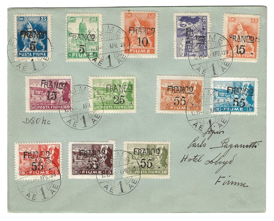 1920 Fiume - Busta filatelica con valori Allegorie e vedute soprastampati vari